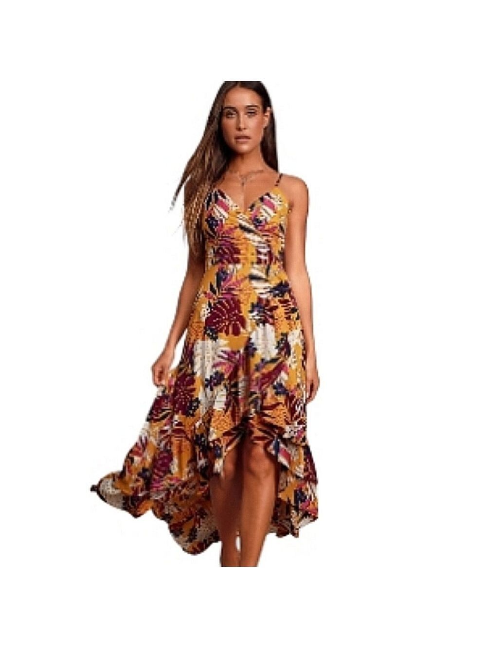 7578 * Lulus Vacation Days Golden Yellow Tropical Print High-Low Dress Size M